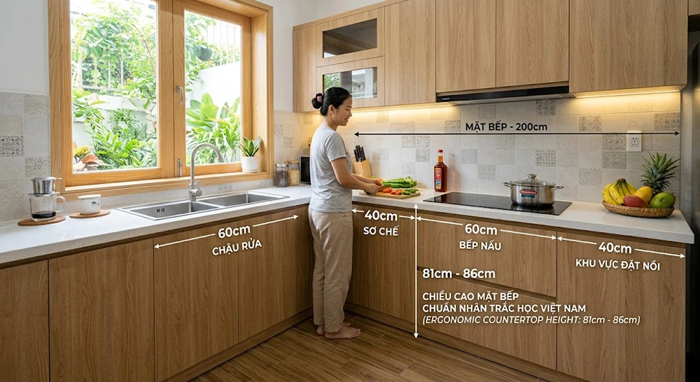 Kích thước nhân trắc học thiết kế bếp nhỏ 2m chuẩn