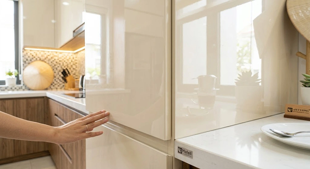 Cánh tủ Acrylic bóng gương trong thiết kế bếp nhỏ 2m