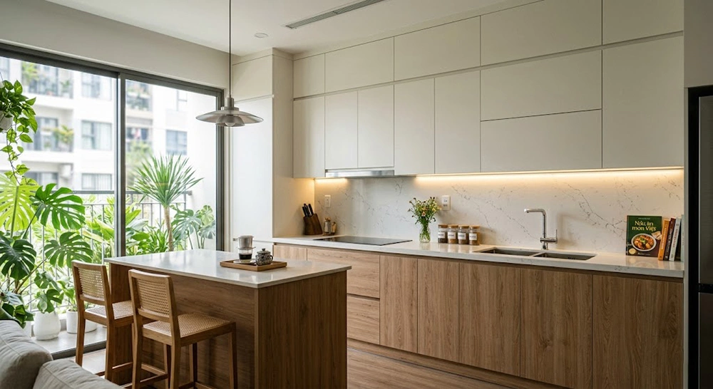 Thiết kế bếp nhỏ 2m kết hợp bàn đảo hiện đại