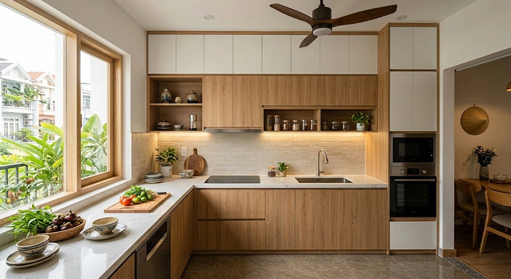Mẫu thiết kế bếp nhỏ 2m tông màu gỗ sồi tự nhiên