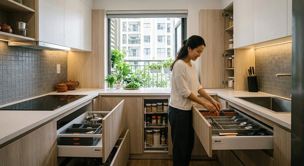 Phụ kiện ngăn kéo thông minh cho thiết kế bếp nhỏ 2m