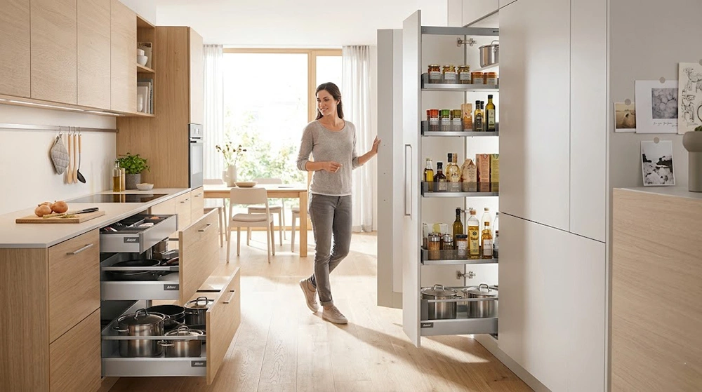 Hệ tủ kho chứa đồ đa năng trong thiết kế bếp nhỏ 2m