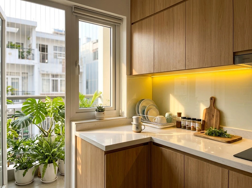 Góc nhìn thoáng đãng của thiết kế bếp nhỏ 2m cạnh ban công