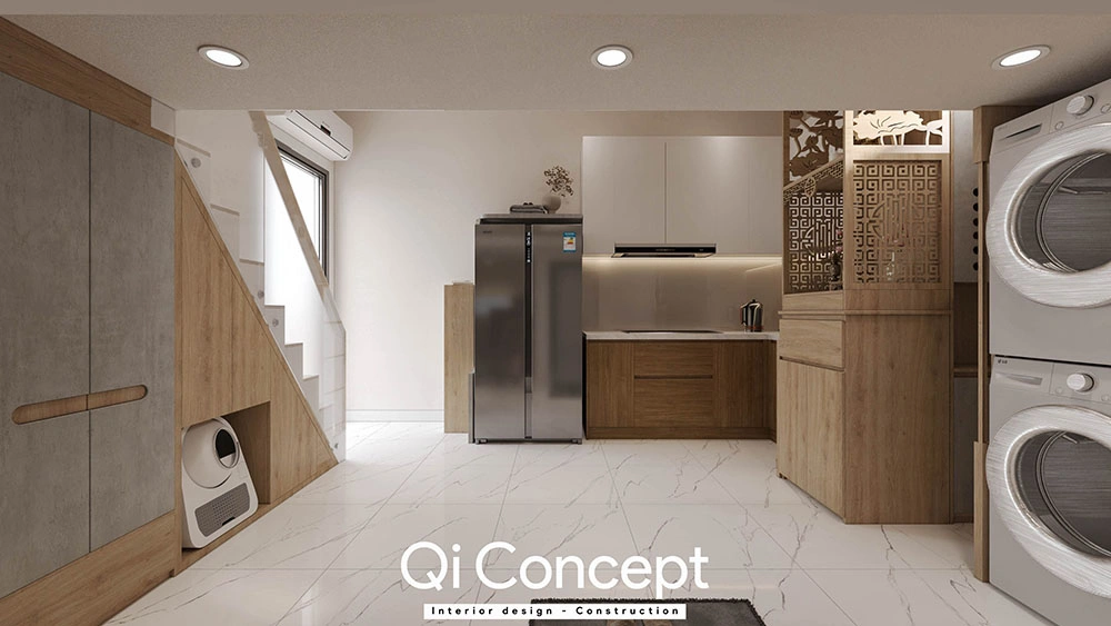 Cầu thang tích hợp tủ đồ căn hộ Bách Gia Phát