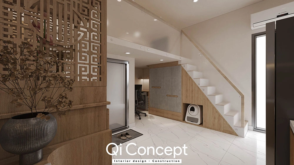 Vách ngăn gỗ và lối lên gác căn hộ Bách Gia Phát