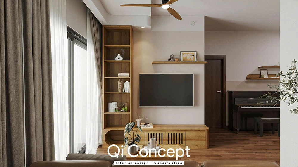 Kệ tivi gỗ tinh tế trong thiết kế Akari City 2 ngủ