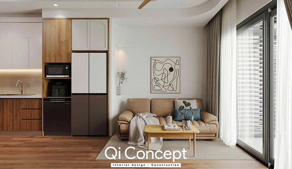 Sofa da cao cấp tại phòng khách thiết kế Akari City 2 ngủ