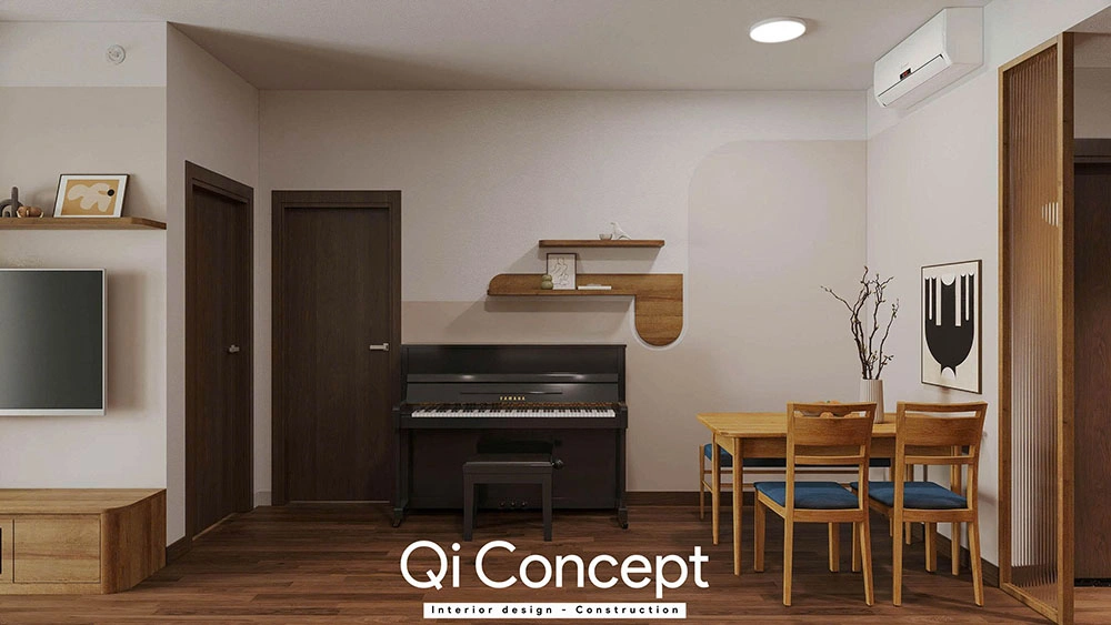 Góc piano và bàn ăn gỗ thiết kế Akari City 2 ngủ