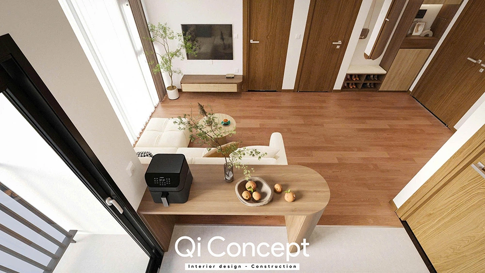 Tổng thể mặt bằng phòng khách và bếp An Gia Skyline từ góc cao.