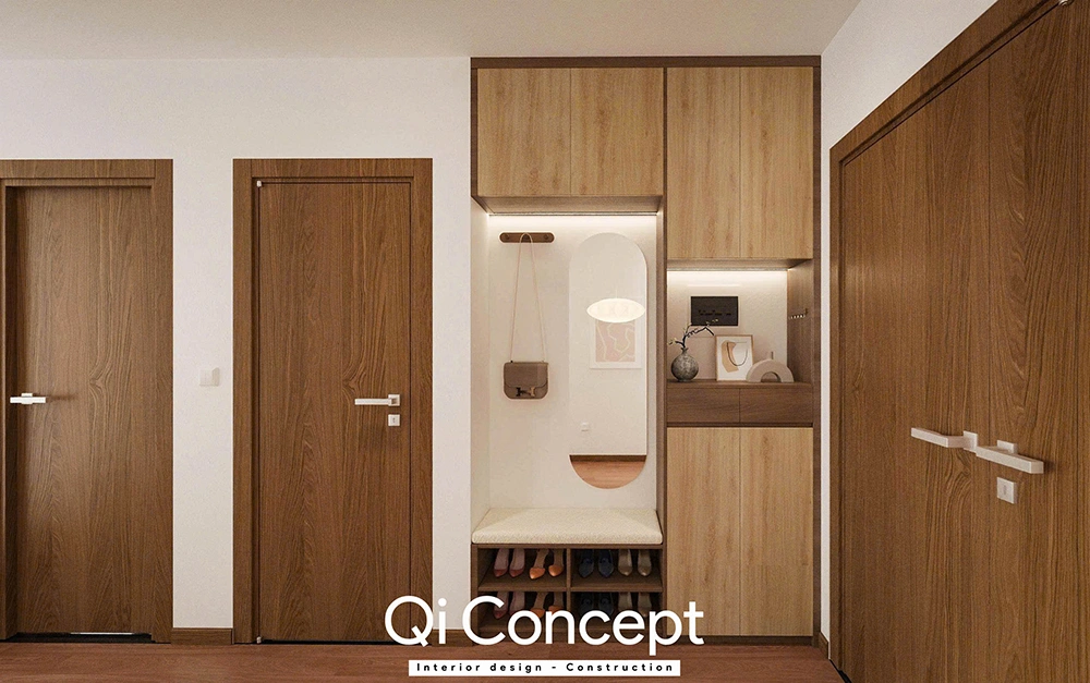 Tủ giày gỗ kịch trần hiện đại tại căn hộ An Gia Skyline.