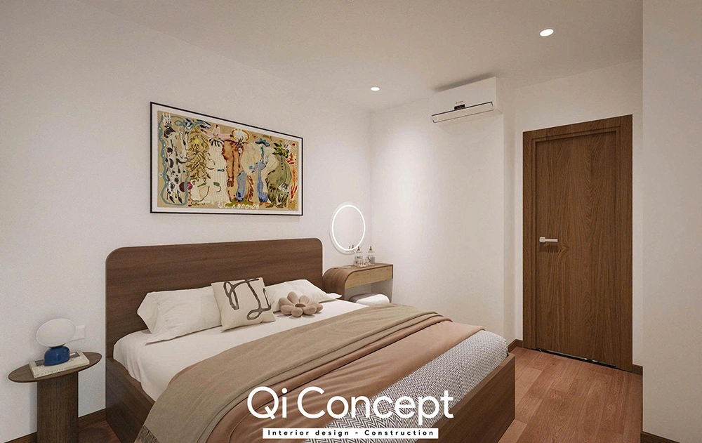 Giường ngủ gỗ ấm cúng trong thiết kế nội thất An Gia Skyline.