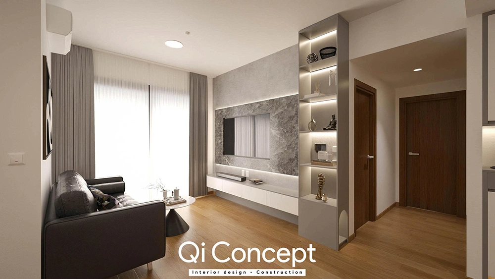 Vách TV vân đá kết hợp đèn led trang trí tại An Gia Star.