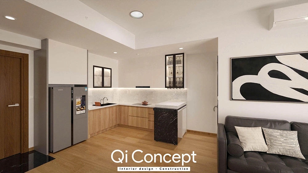 Khu bếp An Gia Star hiện đại với hệ tủ gỗ và mặt đá trắng.