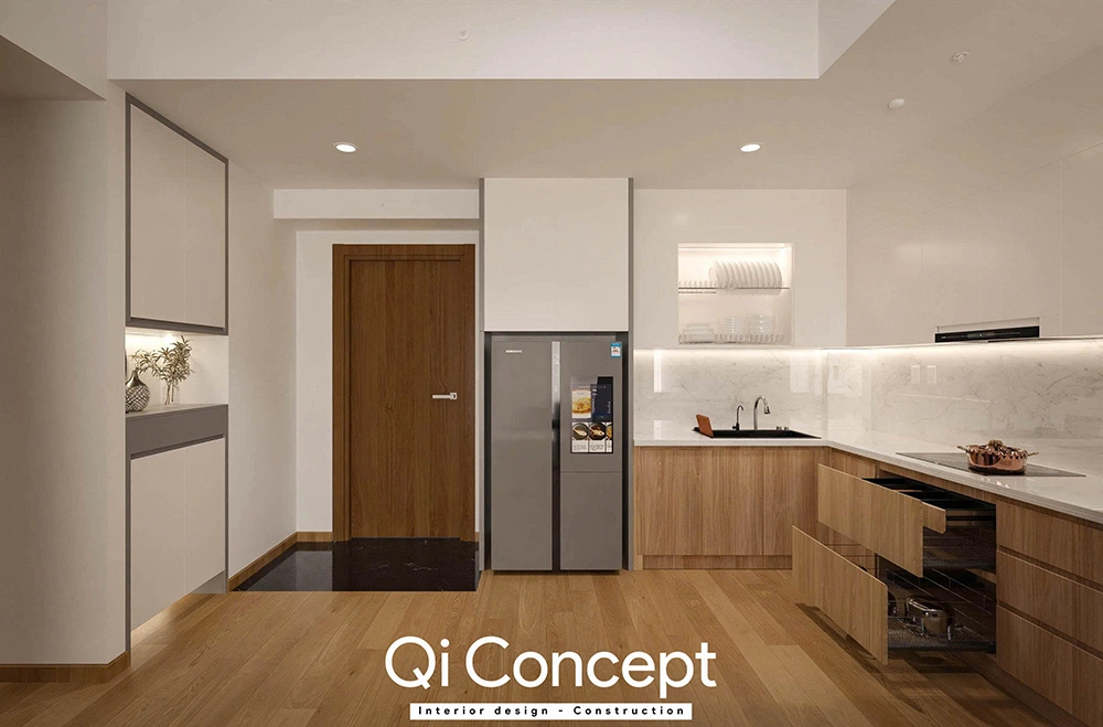 Hệ tủ bếp thông minh và khu vực lối vào căn hộ An Gia Star.