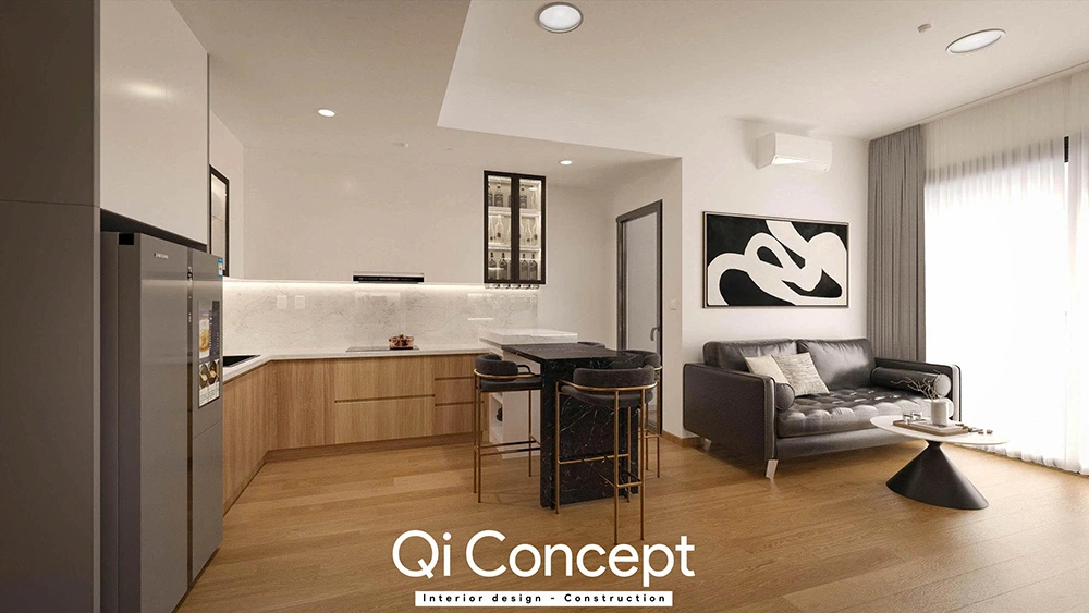 Bàn bar mặt đá đen sang trọng trong căn hộ An Gia Star.