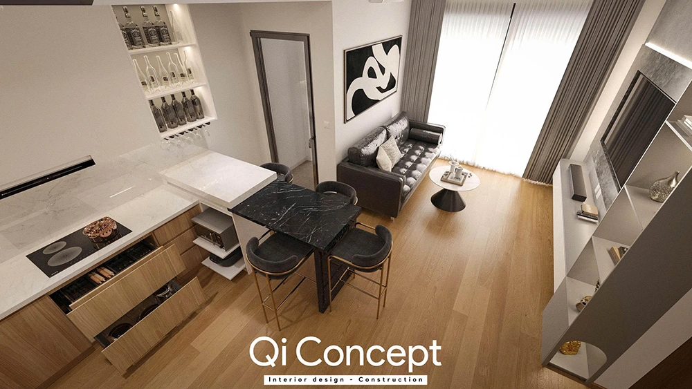 Toàn cảnh không gian mở phòng khách và bếp tại An Gia Star.