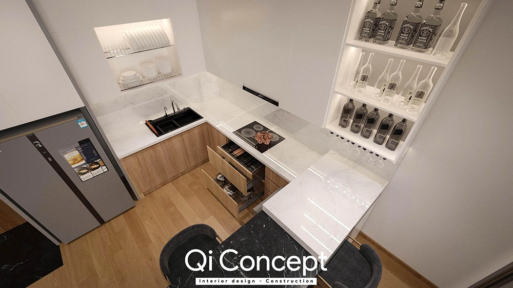 Bố trí kệ rượu và tủ bếp kịch trần tại An Gia Star.