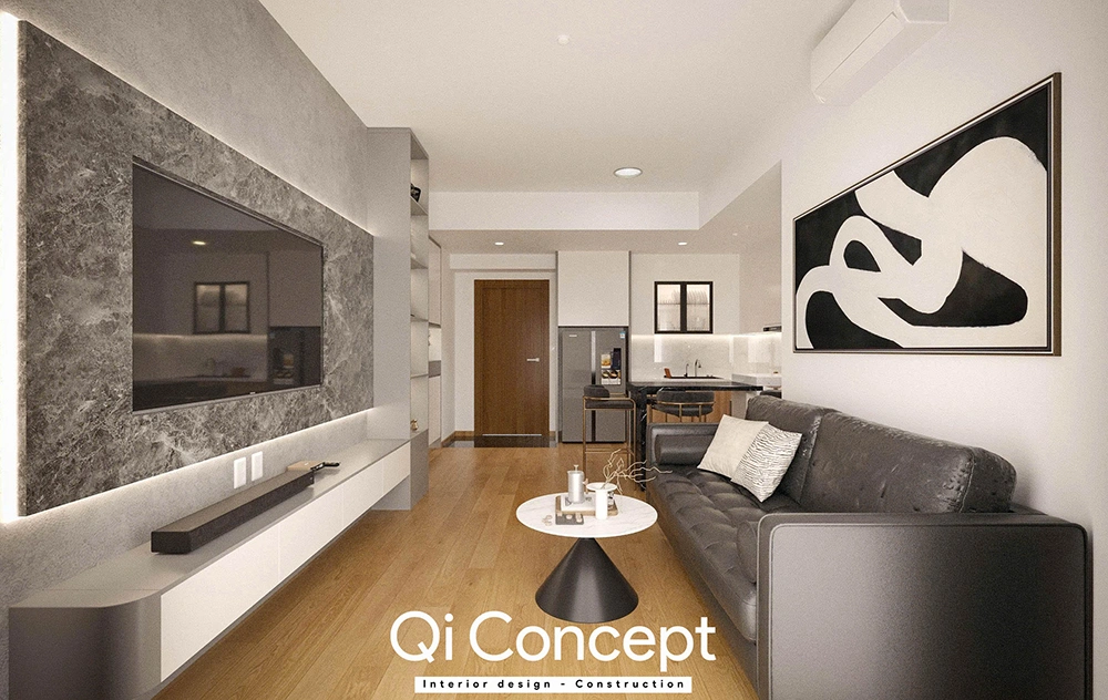 Thiết kế phòng khách An Gia Star với vách TV vân đá sang trọng.