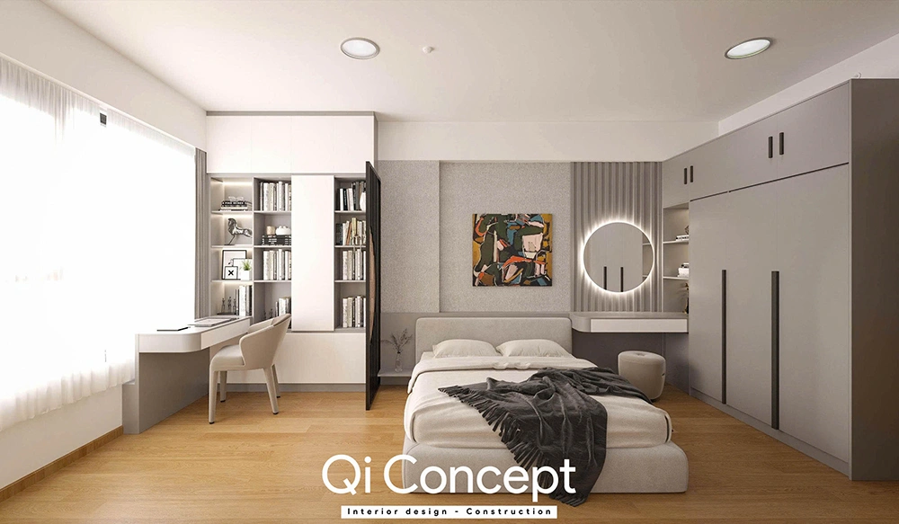 Nội thất phòng ngủ An Gia Star tích hợp bàn làm việc và tủ áo kịch trần.