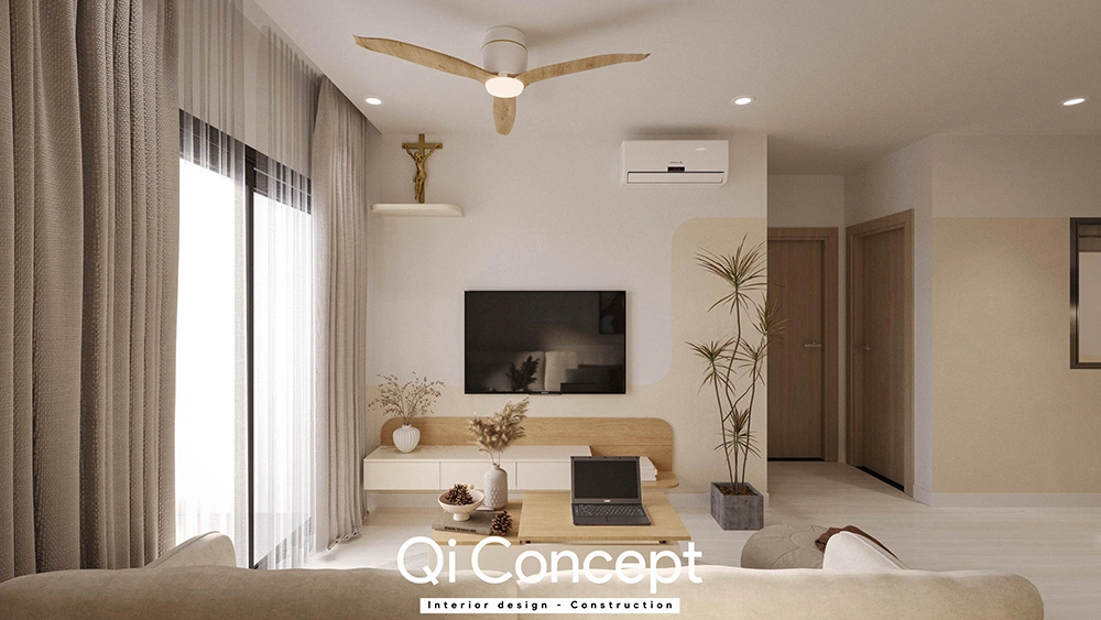 Nội thất phòng khách A&T Sky Garden sang trọng với tông màu trung tính.