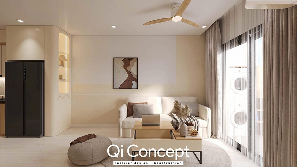 Sofa phòng khách A&T Sky Garden đặt cạnh ban công thoáng đãng.