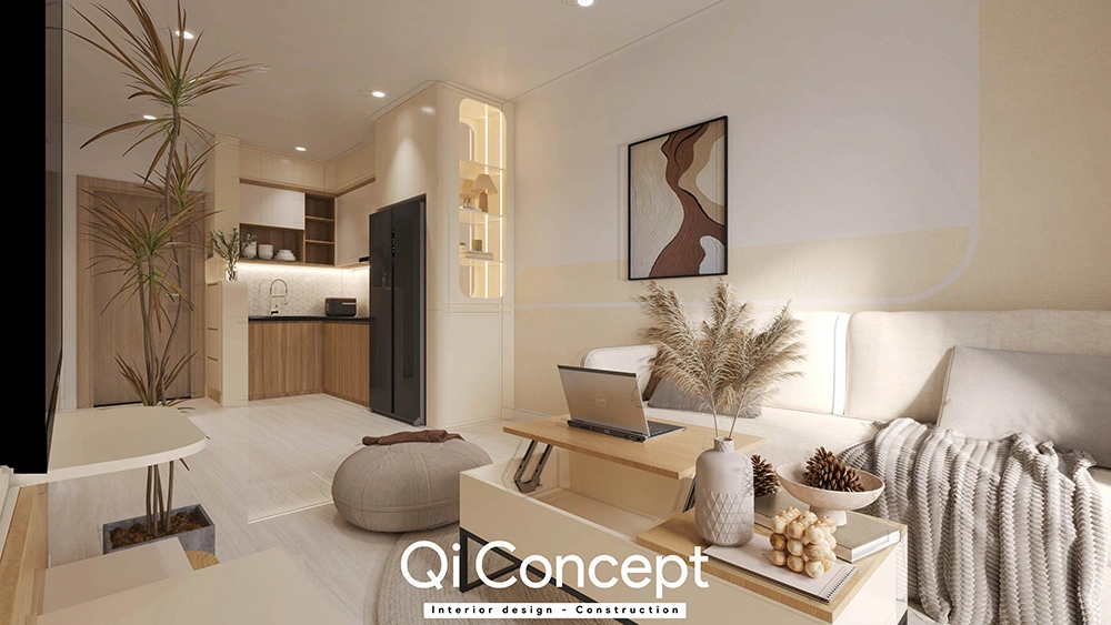 Bố trí phòng khách liền bếp tiện nghi tại căn hộ A&T Sky Garden.