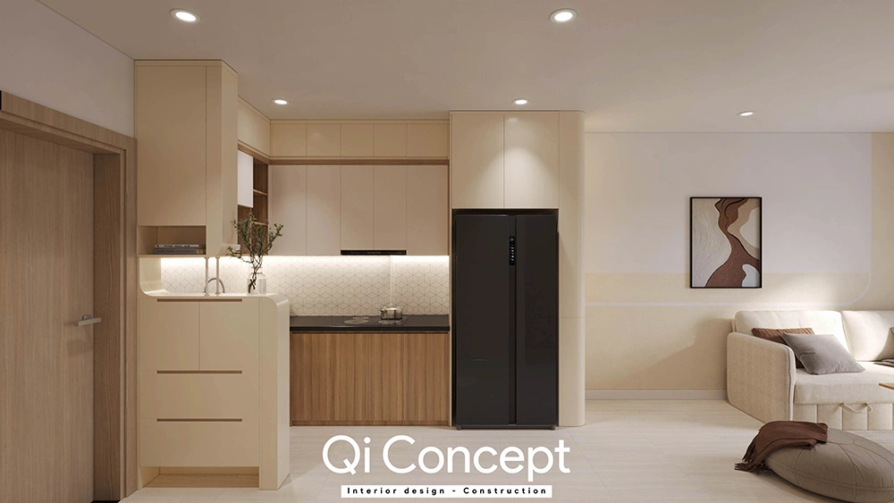 Mẫu bếp chữ L hiện đại và tủ lạnh âm tường tại A&T Sky Garden.
