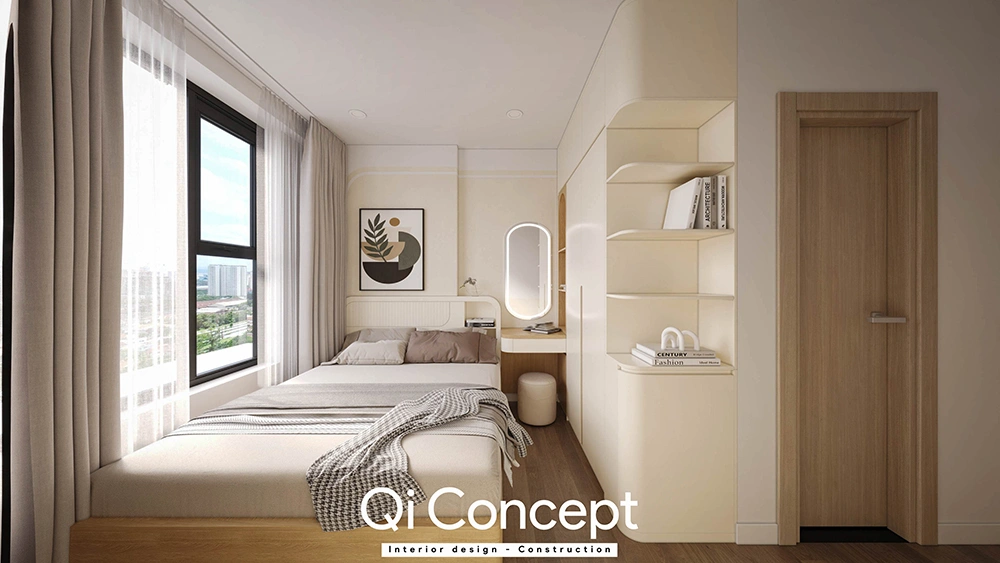 Phòng ngủ A&T Sky Garden với hệ tủ bo góc và bàn trang điểm tinh tế.