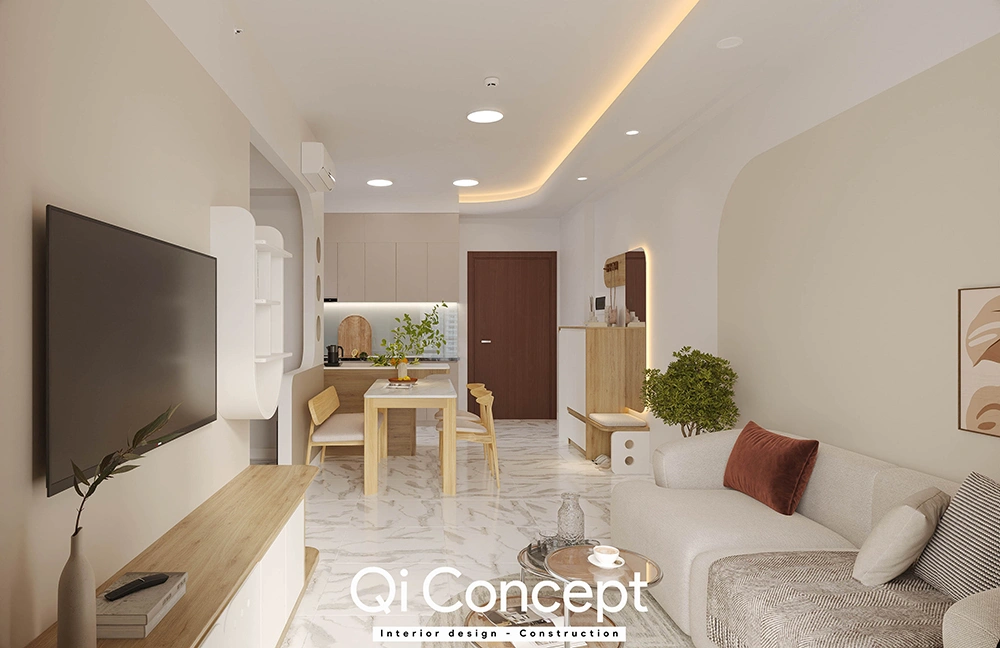 Bố trí phòng khách liền bếp căn hộ 2PN Aurora Residences.