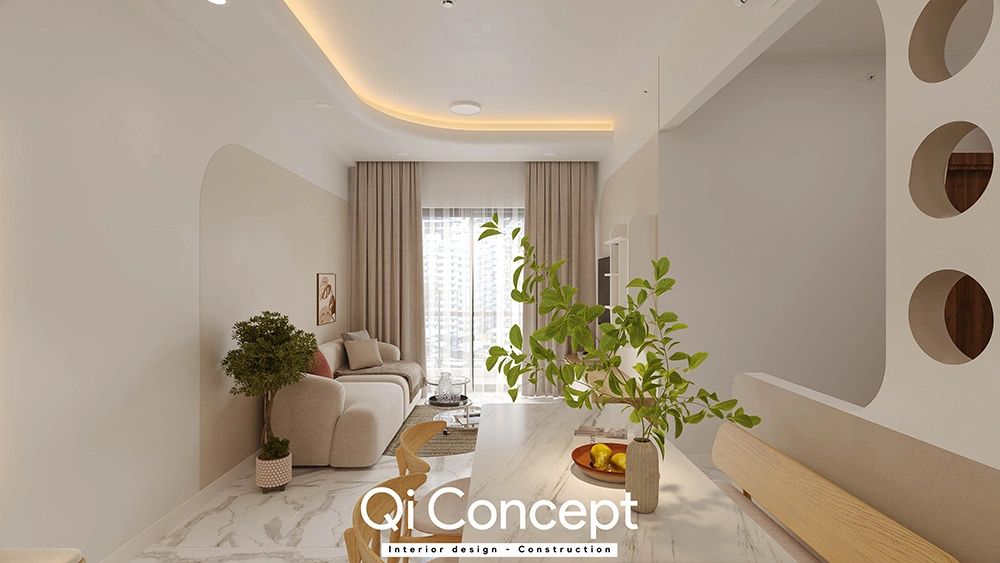 Nội thất Aurora Residences với sàn đá vân mây sang trọng.