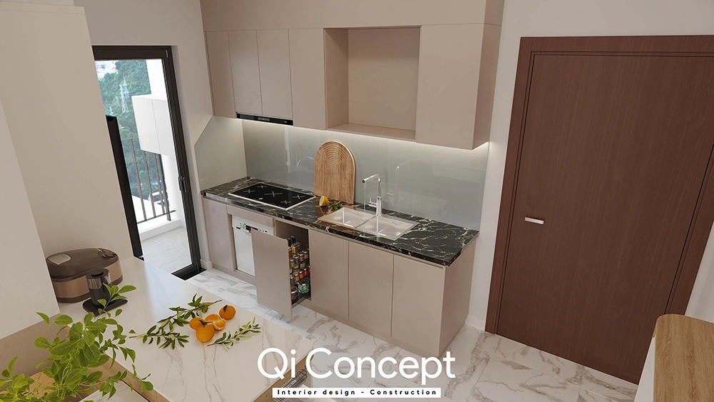 Thiết kế tủ bếp chữ I màu trung tính sang trọng ở Aurora Residences.