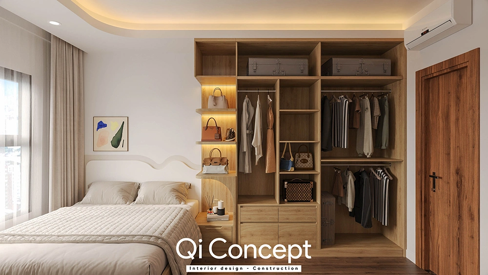 Nội thất tủ quần áo gỗ hiện đại trong phòng ngủ Aurora Residences.