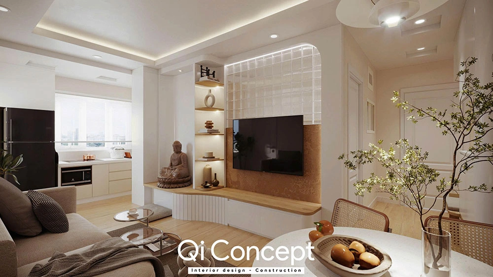 Phối cảnh phòng khách bếp thiết kế chung cư Mỹ Đức