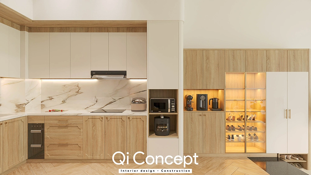 Chi tiết tủ bếp và kệ giày nhà phố Bình Tân