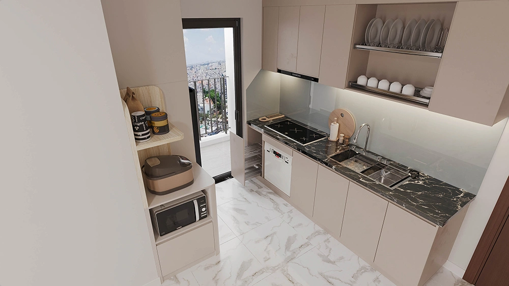 Mặt đá đen vân mây trang trí nội thất nhà bếp sang trọng