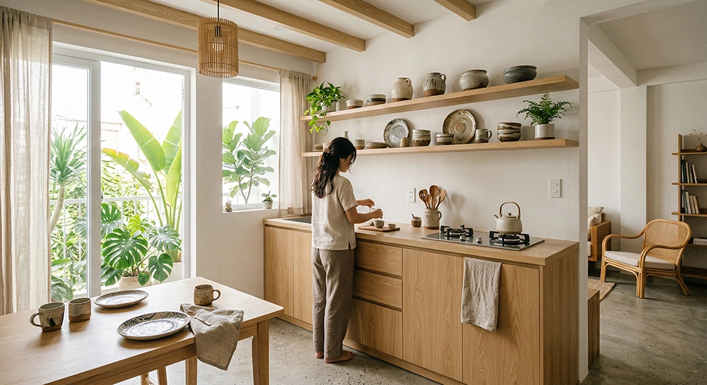 Kệ gỗ mở mộc mạc trang trí nội thất nhà bếp tối giản