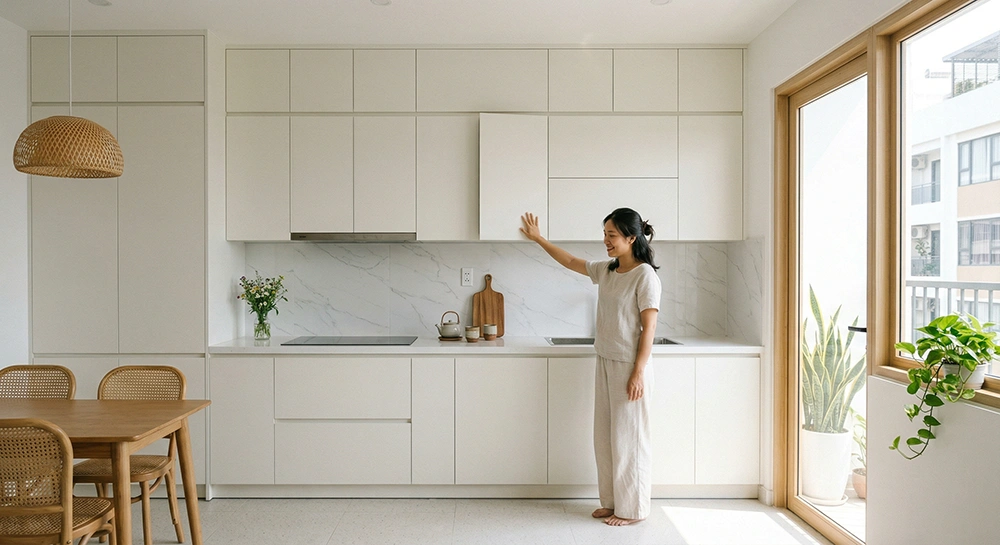 Tông trắng thanh lịch trang trí nội thất nhà bếp hiện đại