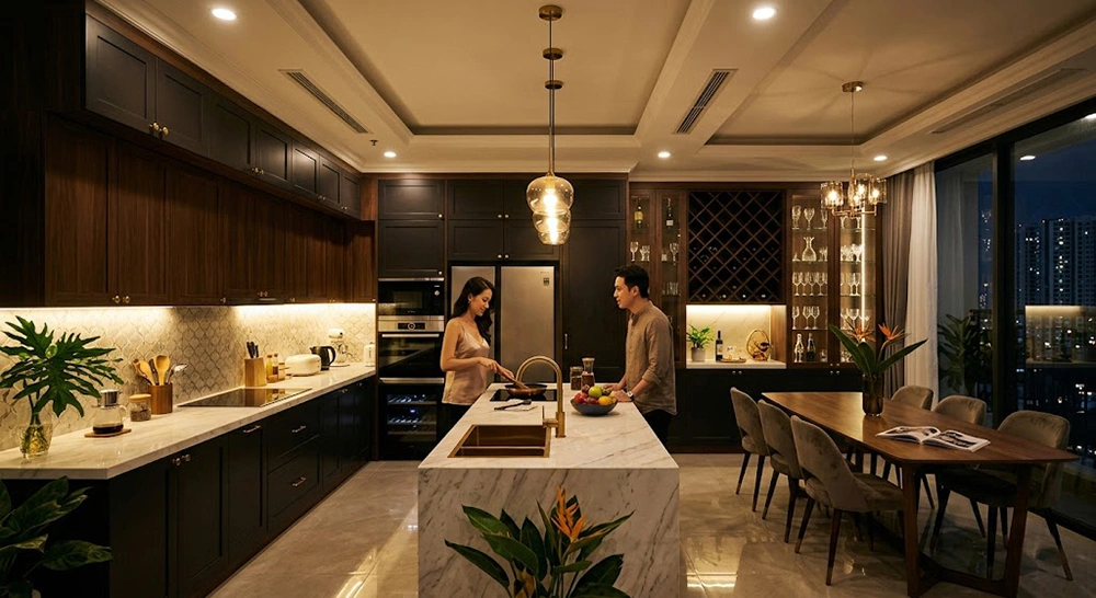 Ánh sáng vàng ấm cúng trang trí nội thất nhà bếp đẳng cấp