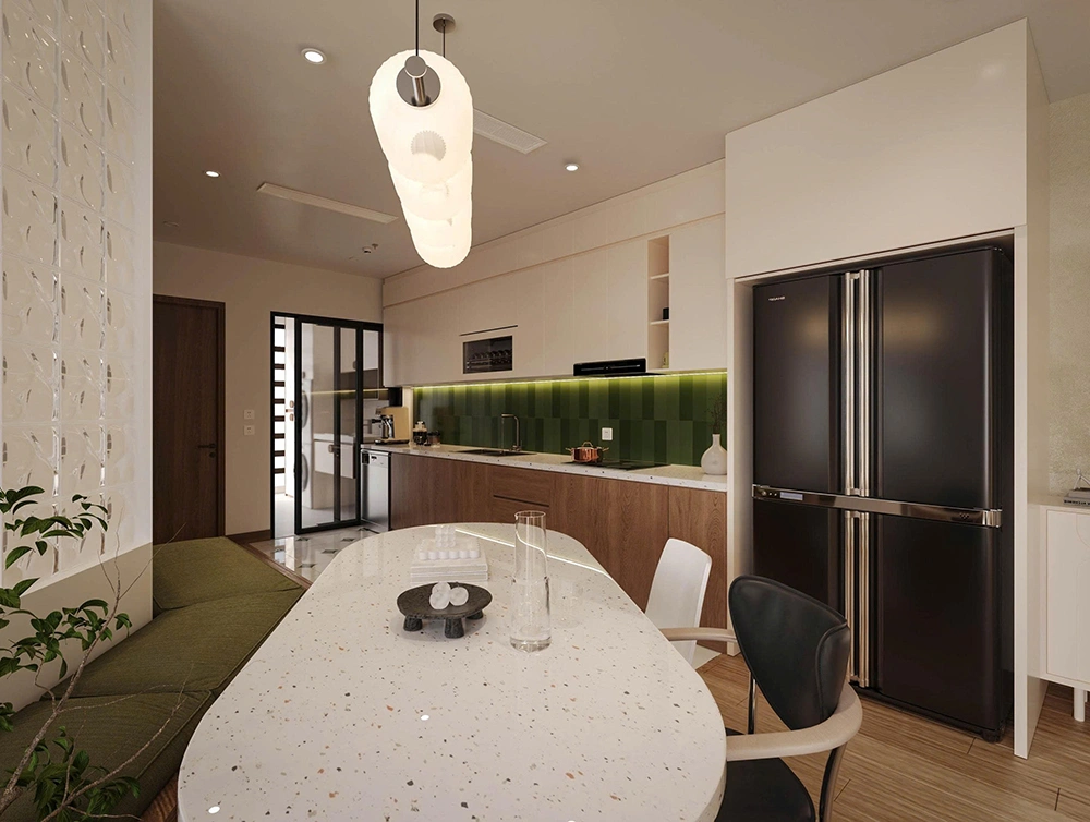 Gạch ốp tường xanh nổi bật trang trí nội thất nhà bếp