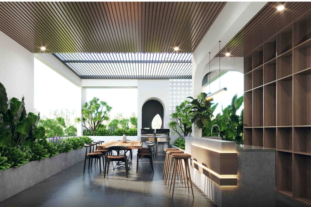 Mô hình thiết kế bếp trên sân thượng kết hợp quầy bar dài sang trọng