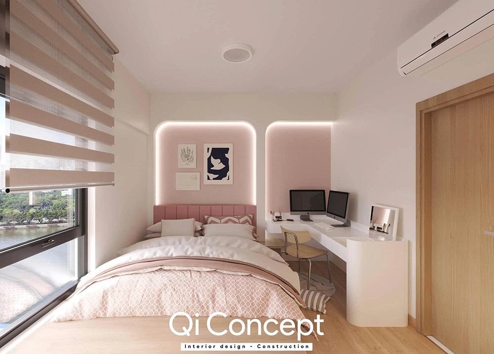 Phòng ngủ nhỏ màu hồng Aurora Residences