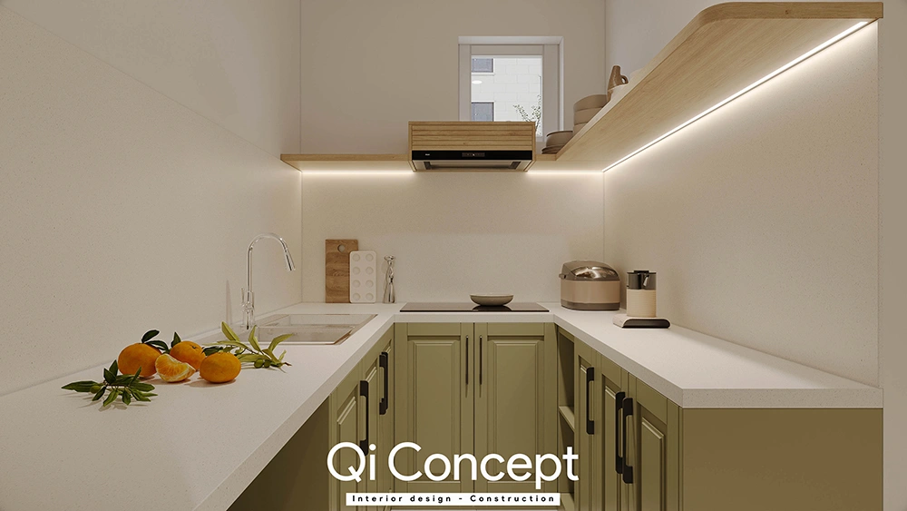 Hệ tủ bếp chữ U màu xanh rêu thiết kế nội thất Moonlight Parkview