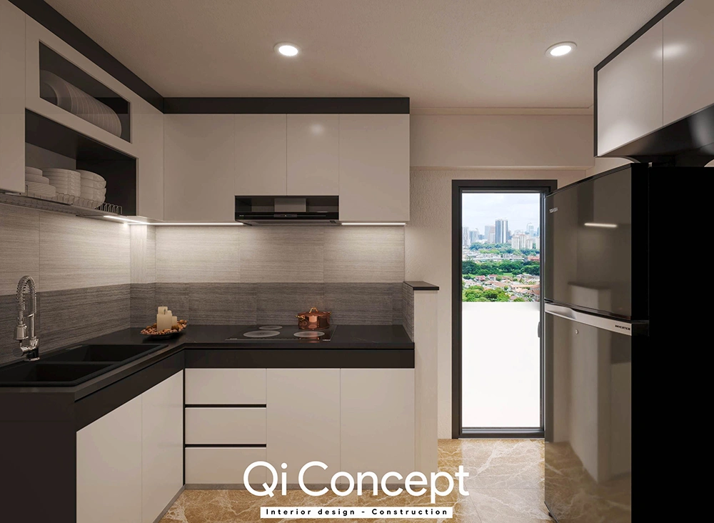 Không gian bếp chữ L nhà phố quận 12