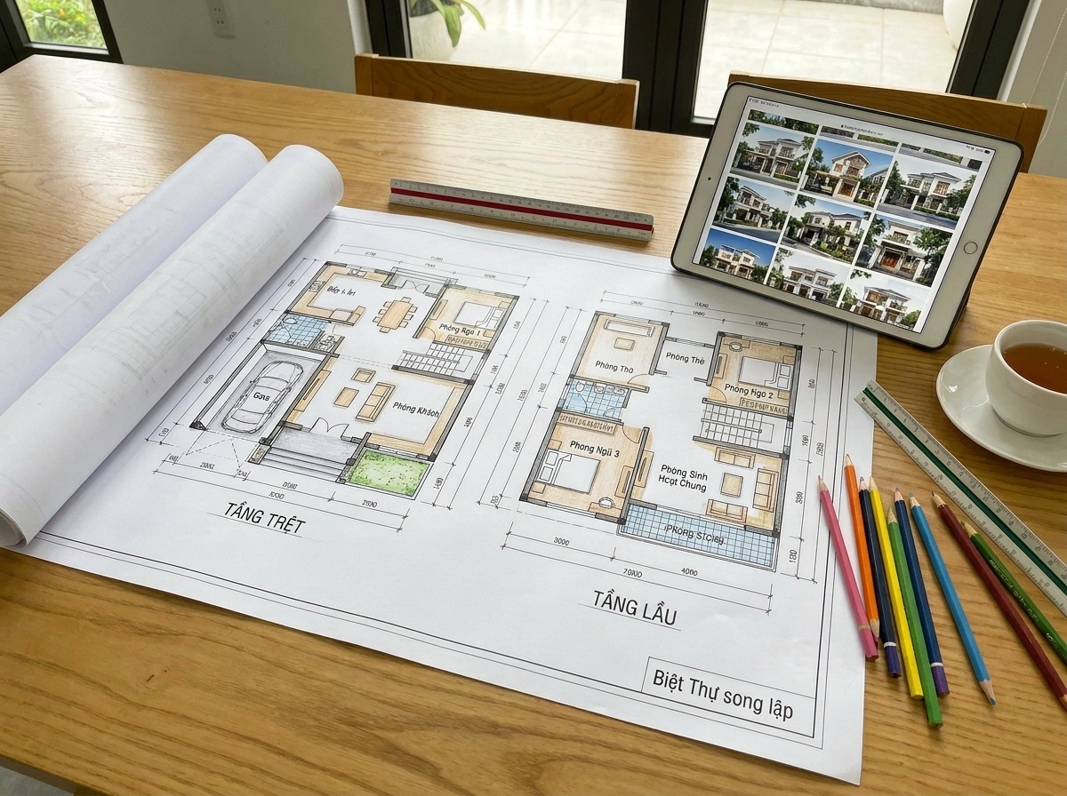 Bản vẽ bố trí mặt bằng 2D của cả tầng trệt và tầng lầu để gia chủ dễ hình dung cách phân chia phòng ngủ, bếp