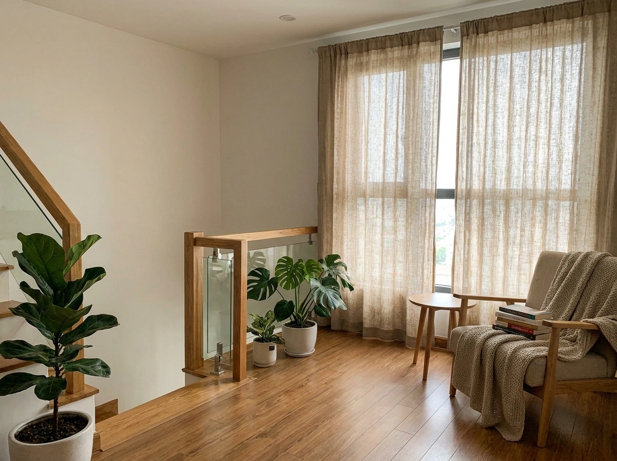 Góc cầu thang hoặc phòng khách ấm cúng của căn Duplex tone màu gỗ sồi ấm áp, có nhiều mảng xanh, rèm vải thô mộc và lan can kính tay vịn gỗ