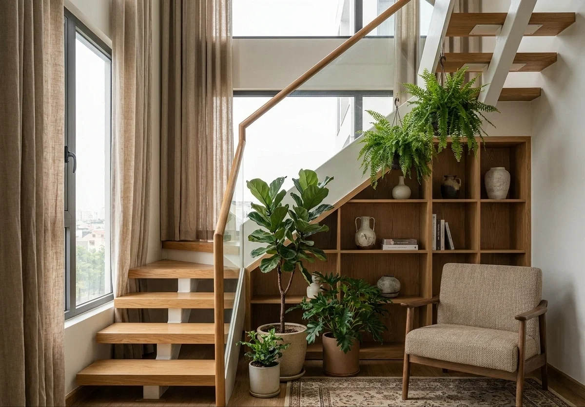 Góc cầu thang hoặc phòng khách ấm cúng của căn Duplex tone màu gỗ sồi ấm áp, có nhiều mảng xanh, rèm vải thô mộc và lan can kính tay vịn gỗ