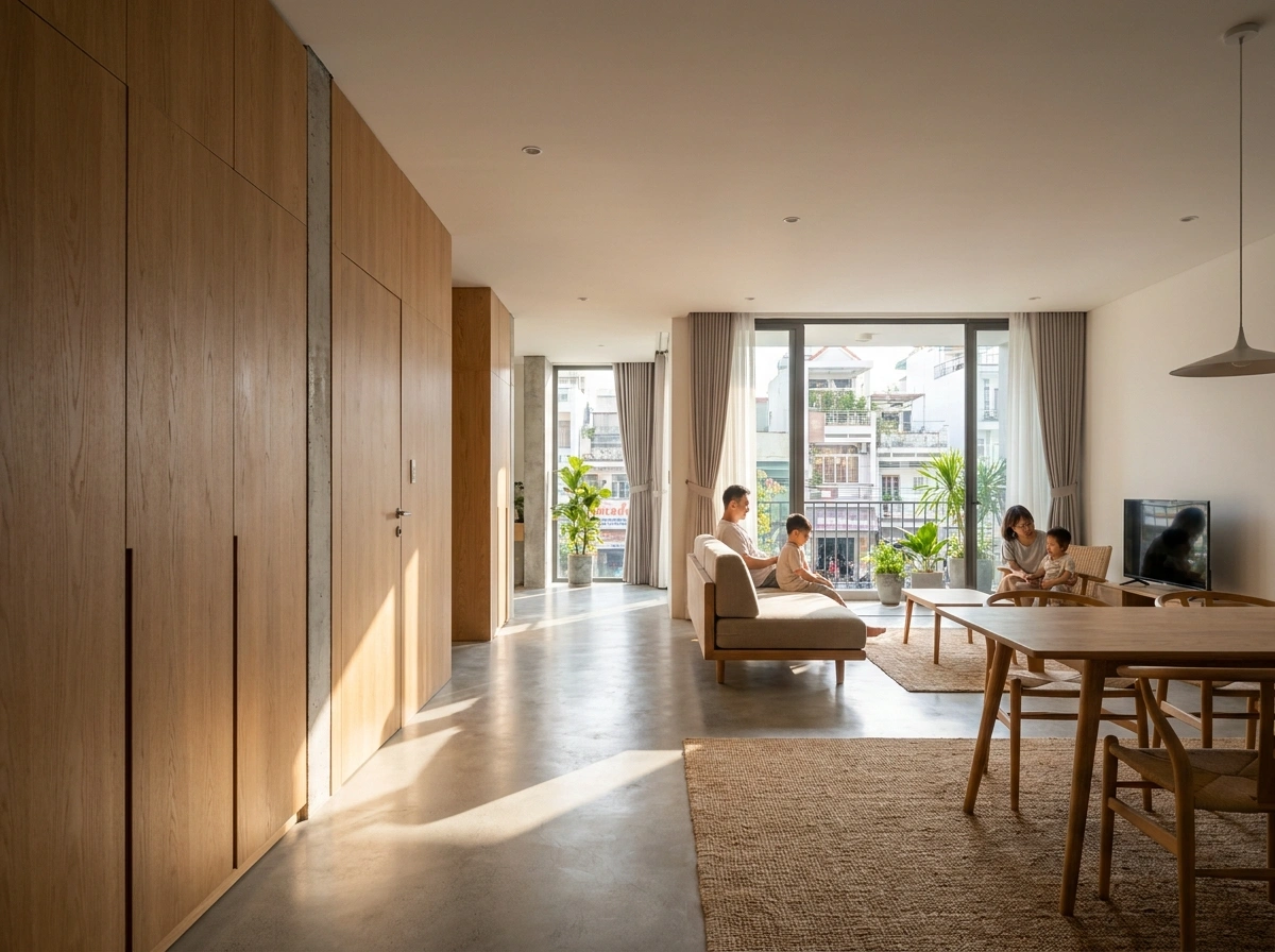 Không gian phòng khách mở trong thiết kế nội thất chung cư 100m2