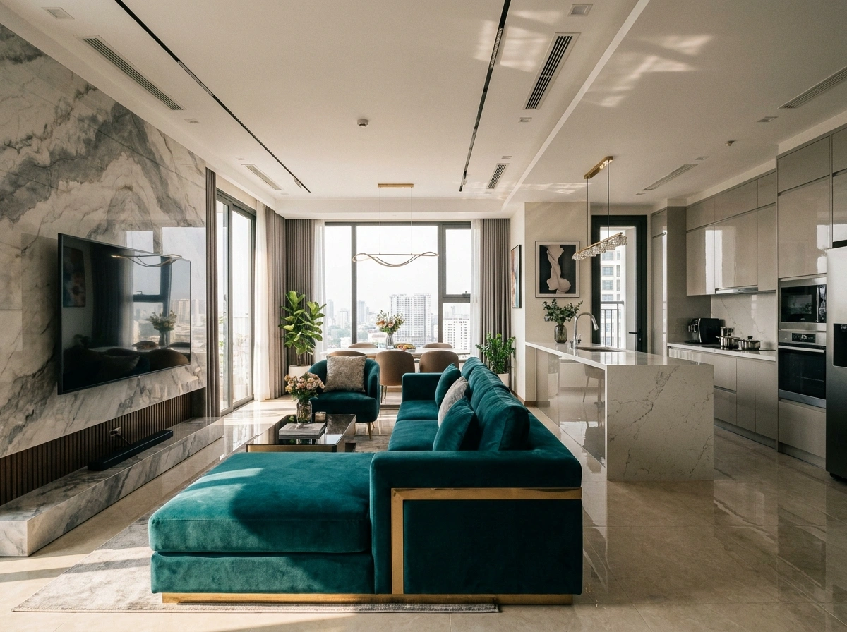 Tích hợp phòng khách và phòng thờ thiết kế nội thất chung cư 100m2