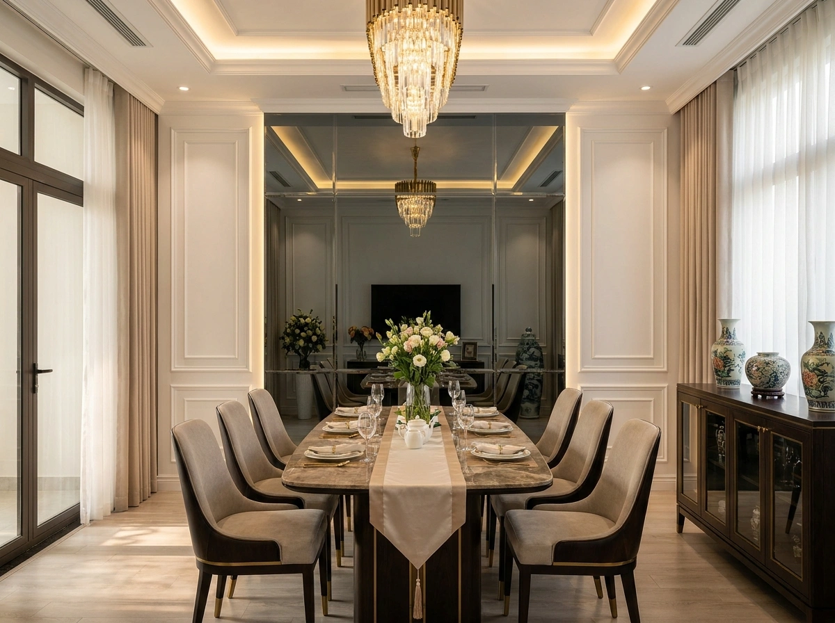 Bàn ăn đá marble dài cho thiết kế nội thất chung cư 100m2