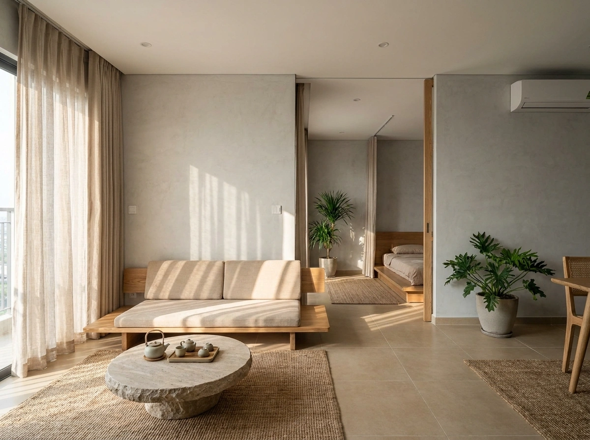Không gian Wabi-sabi mộc mạc thiết kế nội thất chung cư 100m2